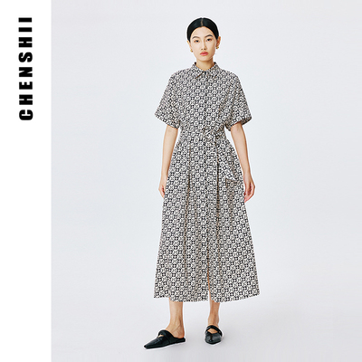 CHENSHII官方 2026夏季新款时尚优雅设计感衬衫领褶饰连衣裙