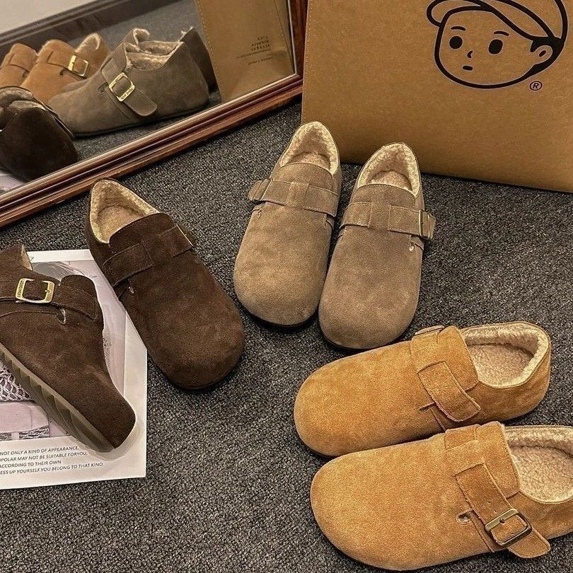 全包勃肯鞋女秋冬季加绒保暖毛毛鞋平底一脚蹬棉鞋学生百搭休闲鞋