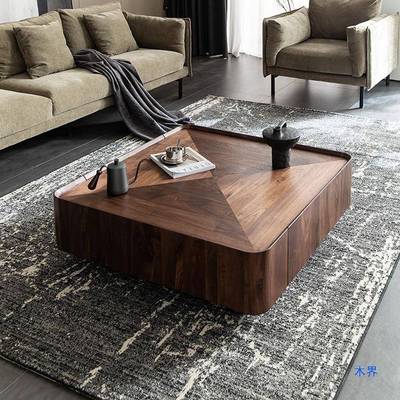 意式极简北美黑胡桃实木茶几方形收纳北欧家具现代简约设计师方几