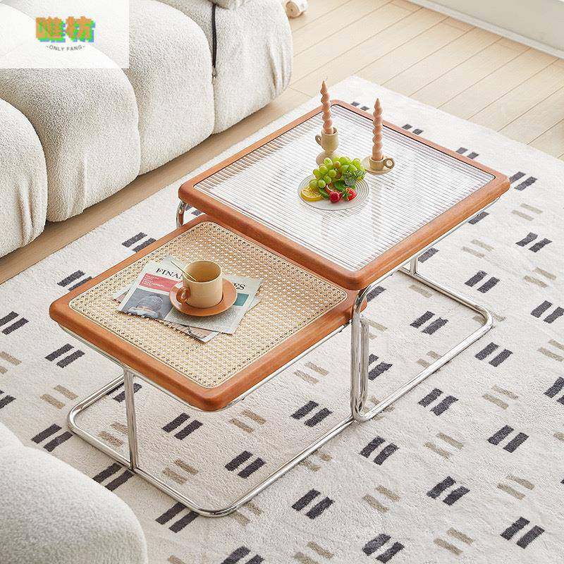 轻奢网红藤编玻璃不锈钢桌子中古茶几客厅家用小户型沙发边几组合,3C数码配件,USB灯,淘宝优惠券,粉丝福利购,淘宝优惠卷