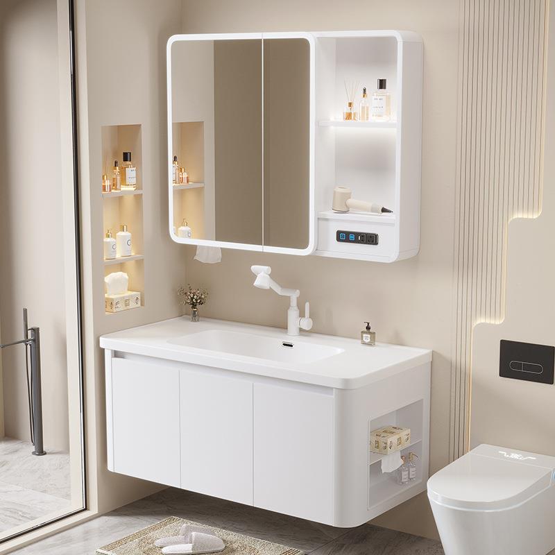 北欧圆弧蜂窝铝浴室柜组合智能除雾美妆储物收纳镜柜陶瓷一体盆