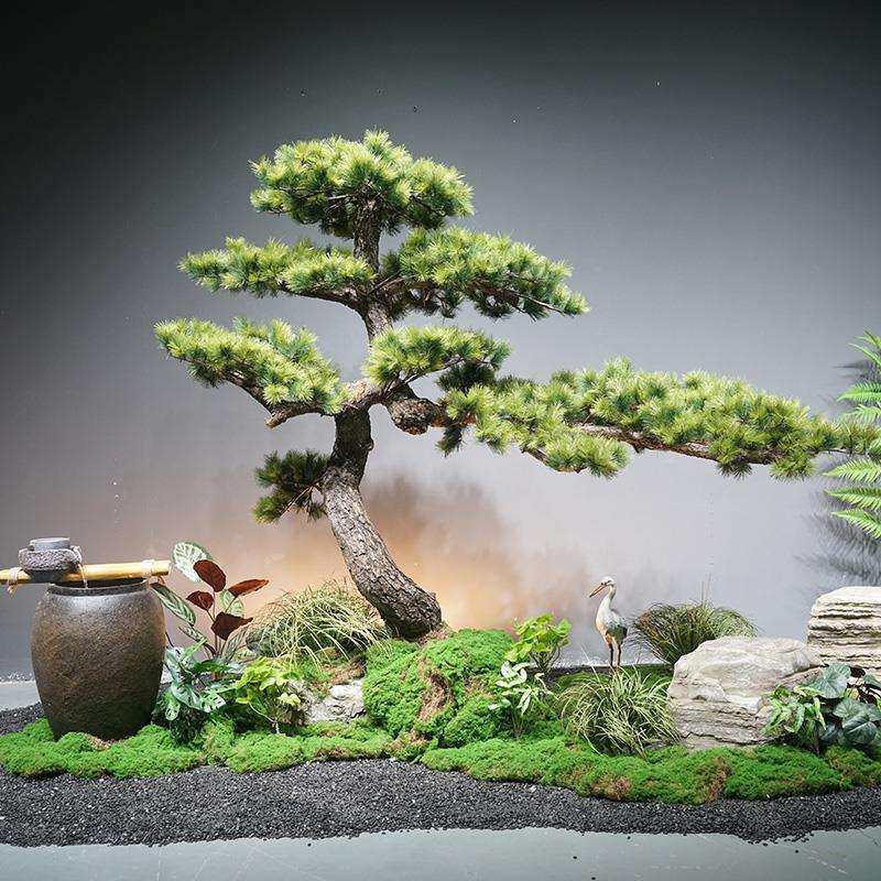 高端松树设计景观千层岩假山流水室内中式绿植橱窗天井楼梯下造景
