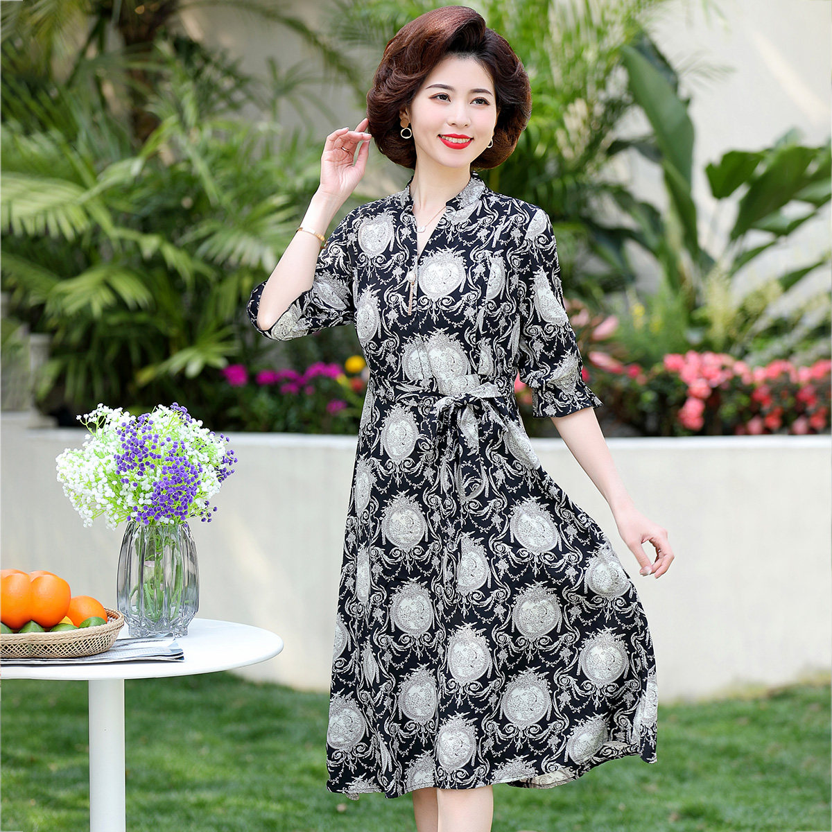 婆婆夏季中长款碎花雪纺妈妈中老年女装印花连衣裙,女装/女士精品,连衣裙,淘宝优惠券,粉丝福利购,淘宝优惠卷
