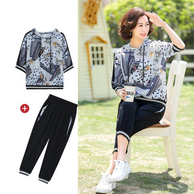 夏季妈妈装带帽不定位印花上衣+裤子两件套中老年女休闲运动套装