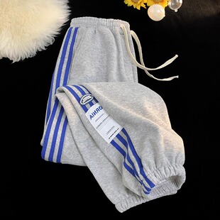 300斤三条杠运动裤 复古休闲裤 男春秋新款 美式 宽松束脚九分裤 大码