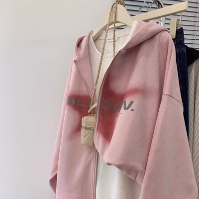 特大码300斤美式复古粉色卫衣