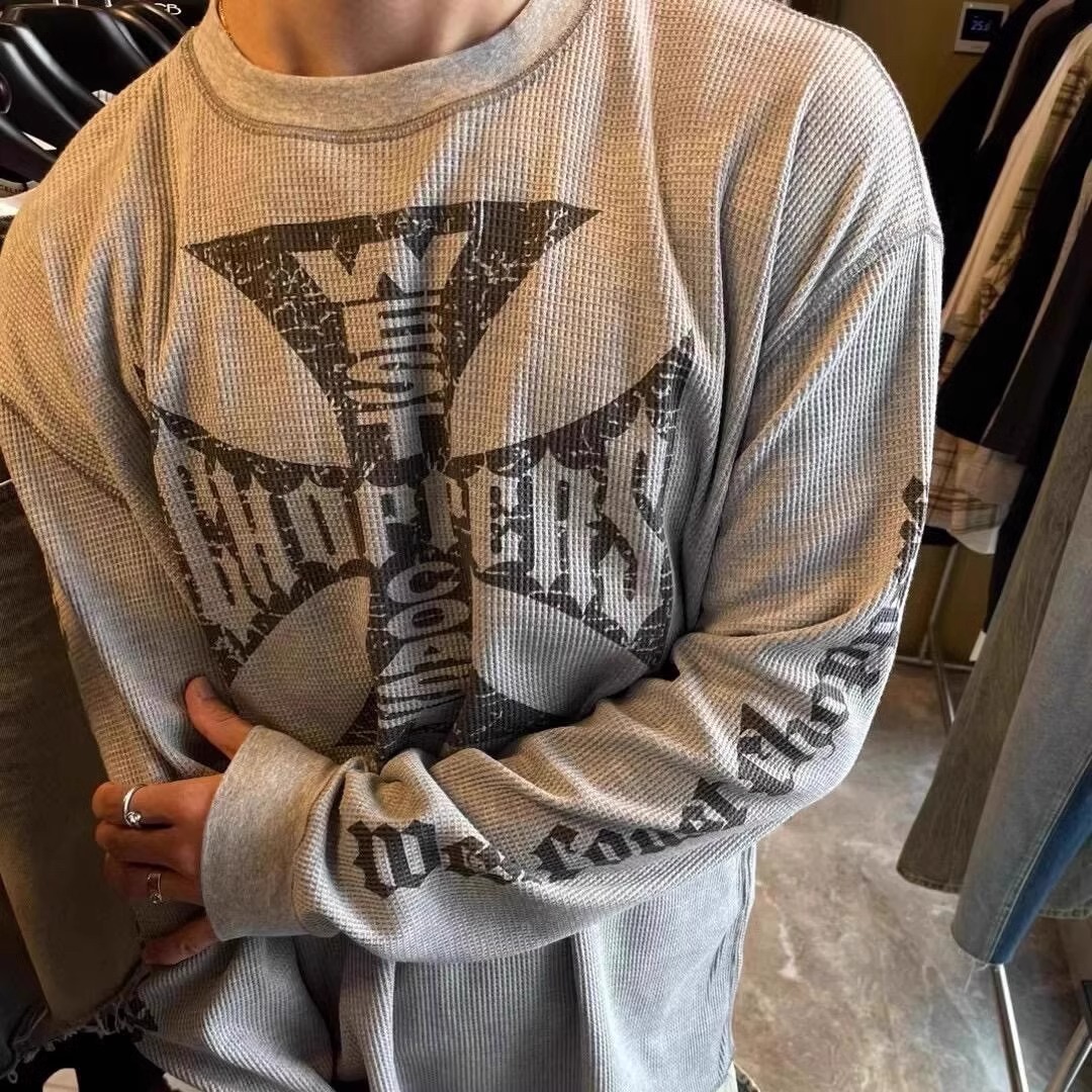 特大码300斤华夫格十字架长袖T恤