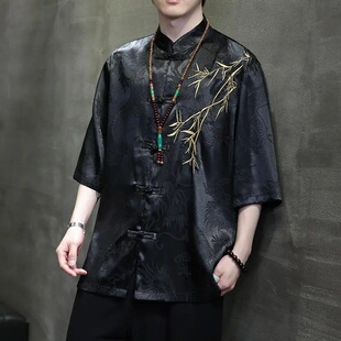 短袖 新中式 盘扣刺绣唐装 300斤大码 五分袖 衬衫 中国风夏季 衬衣 男装