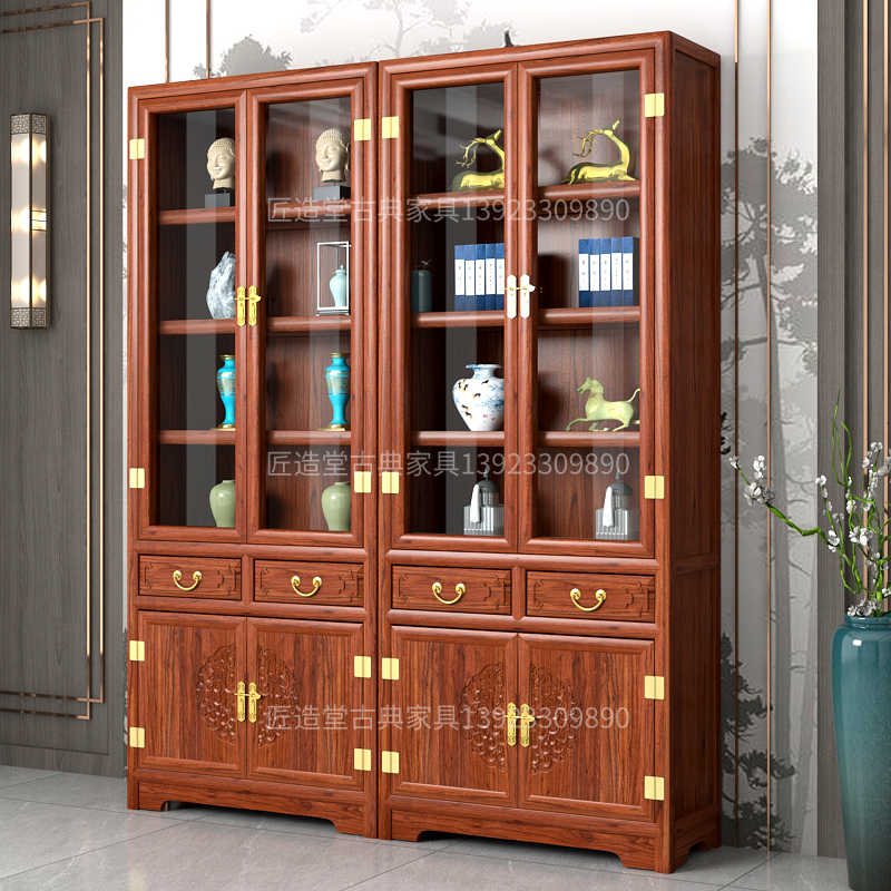 中式实木玻璃储物柜书架落地家用靠墙置物柜组合榆木书柜带门定制