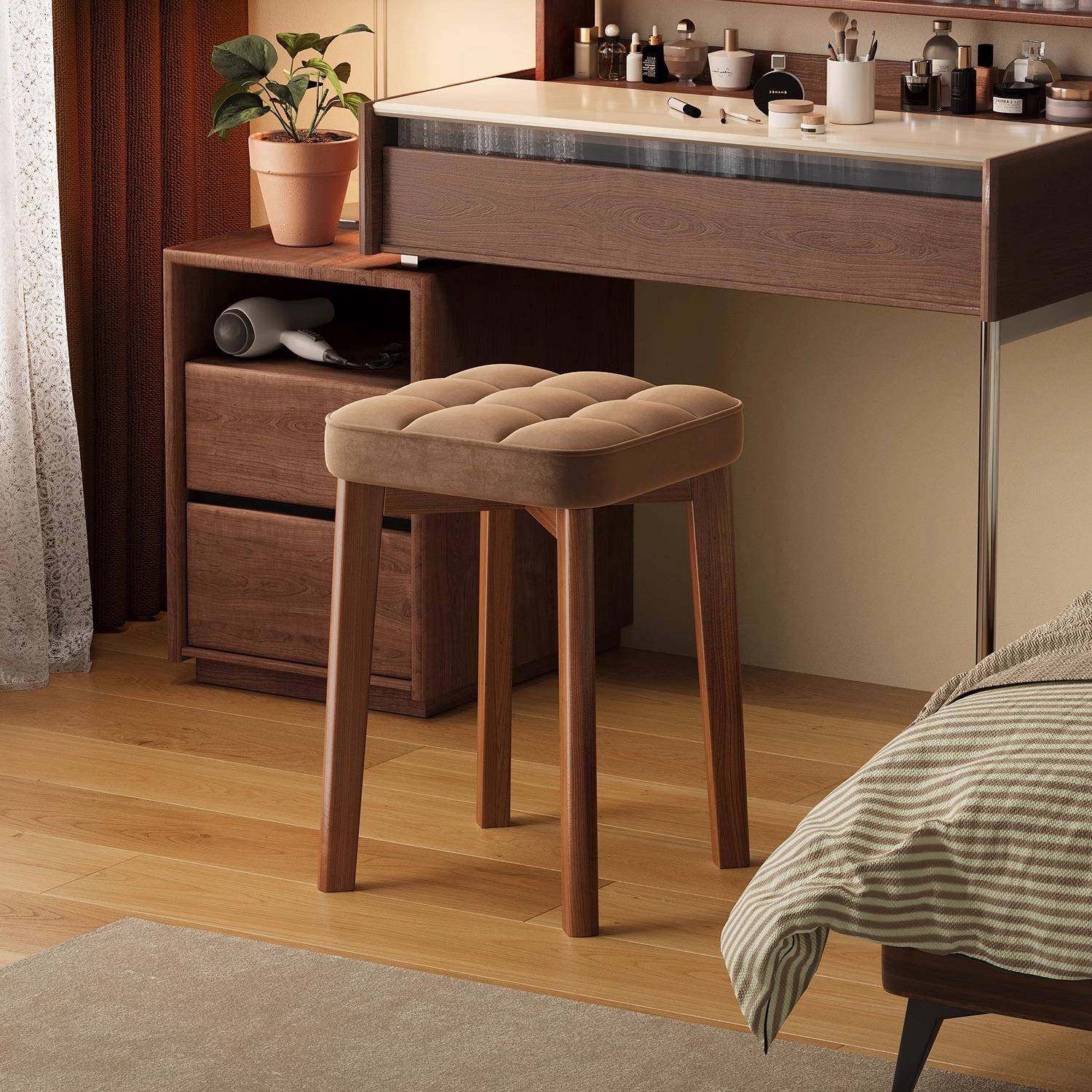实木化妆凳子家用梳妆台单独椅子女生卧室不占空间软包板凳可叠放