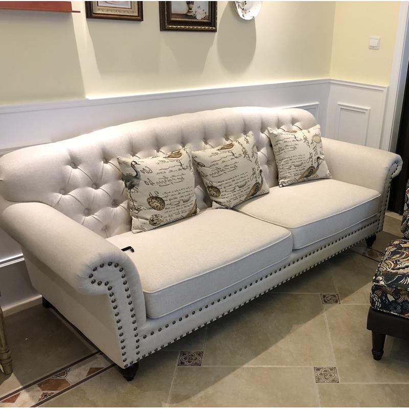 美式乡村家具小户型客厅棉麻拉扣三人位布艺沙发组合