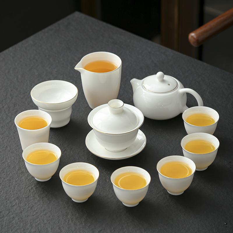 晟翔陶瓷茶具羊脂玉现代简约风众纯白盖碗茶壶主人杯12件