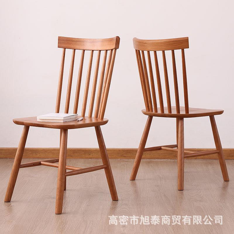 餐厅家具高靠背无扶手实木餐椅家用木蜡油樱桃木原木色温莎椅