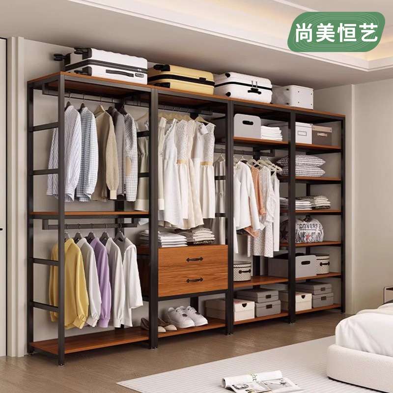 步入式衣柜落地衣架家用简易带抽屉收纳双层组合开放式衣帽间架子