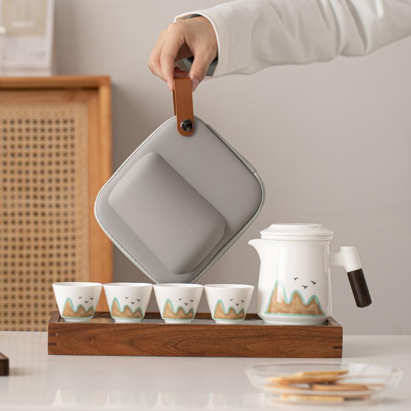 远山旅行茶具德化羊脂玉瓷一壶四杯喝茶套装户外露营便携式快客杯