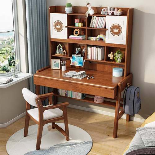 中小学生学习桌儿童实木书桌书架组合家用北欧风格写字做作业桌子