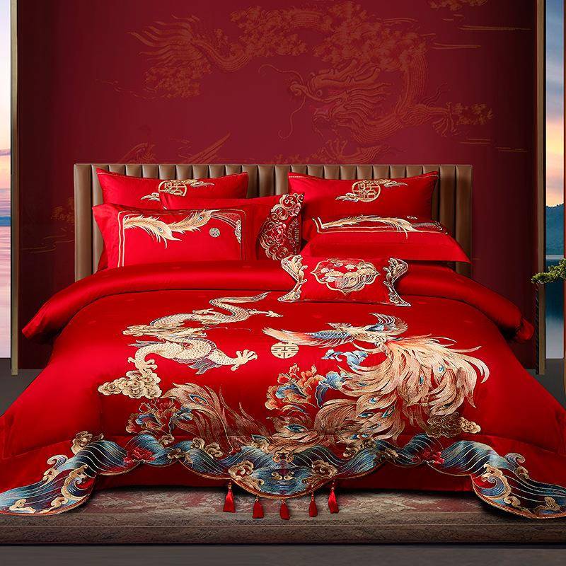 高奢140s婚庆四件套大红色龙凤婚房床上用品喜被套结婚六十件套