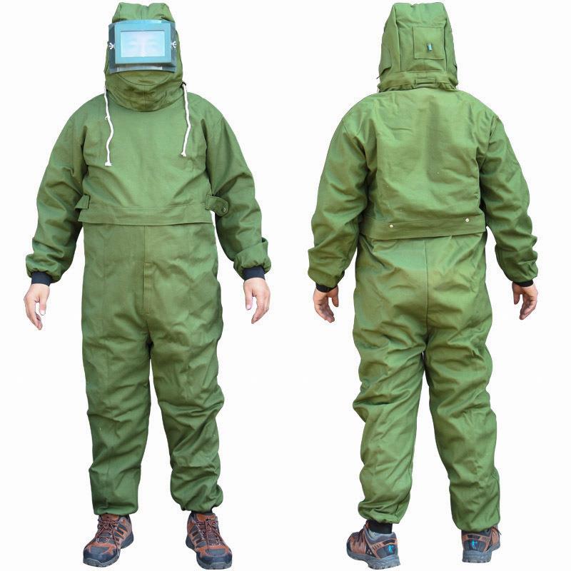 船厂绿帆布喷砂服连体带帽打磨砂防冲击耐磨工作服喷漆劳保防护服