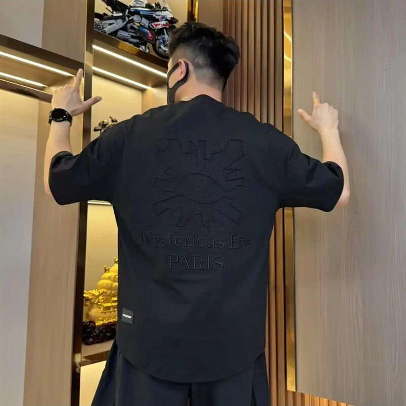 速发夏季恶魔之眼圆领男士痞帅刺袖宽松百搭半棉休闲纯绣T恤