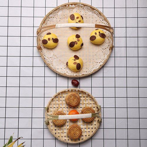 速发竹编手提果盘手工提篮竹点盘创意家用带果手收纳筐小篮子茶筛