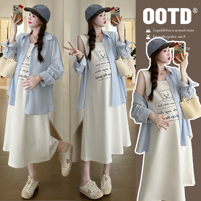 速发孕妇吊2连衣裙套装20带4新款夏款背心长两遮肚子不显怀上衣裙