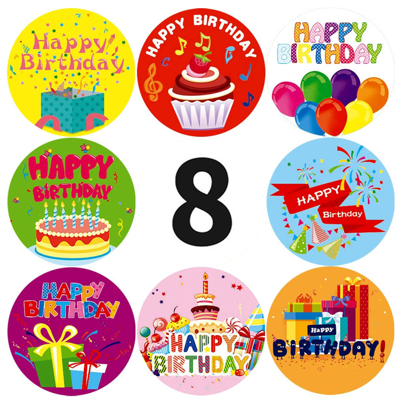 速发500张/卷儿童生日快乐贴纸8种图案生日派对聚会装饰用品贺卡