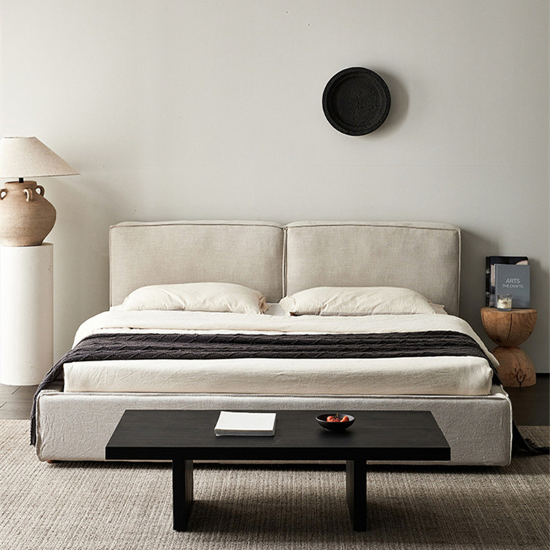 吉斯家具日式侘寂风亚麻布艺床豆腐块软床北欧简约奶油风主卧双人