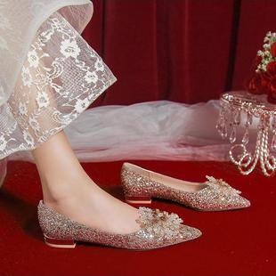 水晶平底婚鞋 女秀禾主婚纱两穿婚礼不累脚低跟单鞋 孕妇可穿新娘鞋