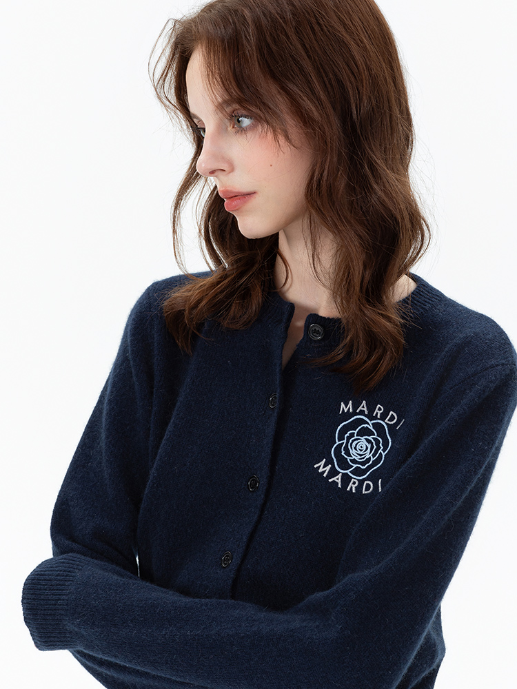 Mardi秋冬25新款针织羊毛开衫休闲女士简约百搭玫瑰刺绣毛衣外套