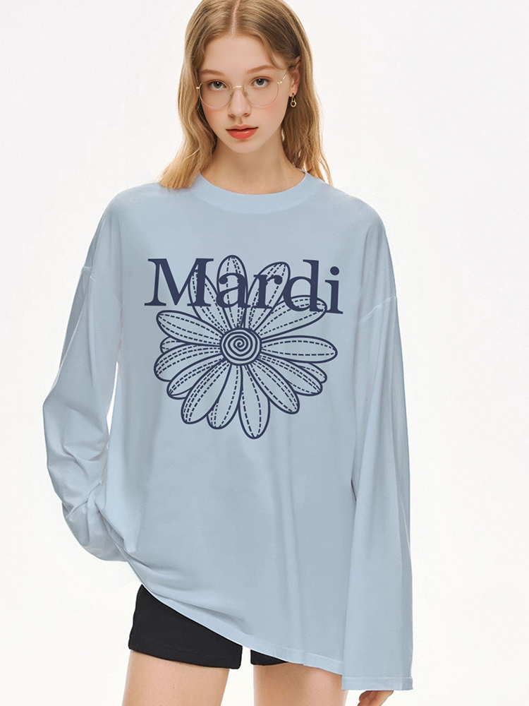 Mardi韩版时尚圆领小雏菊印花长袖T恤2025秋季新款休闲天丝女上衣