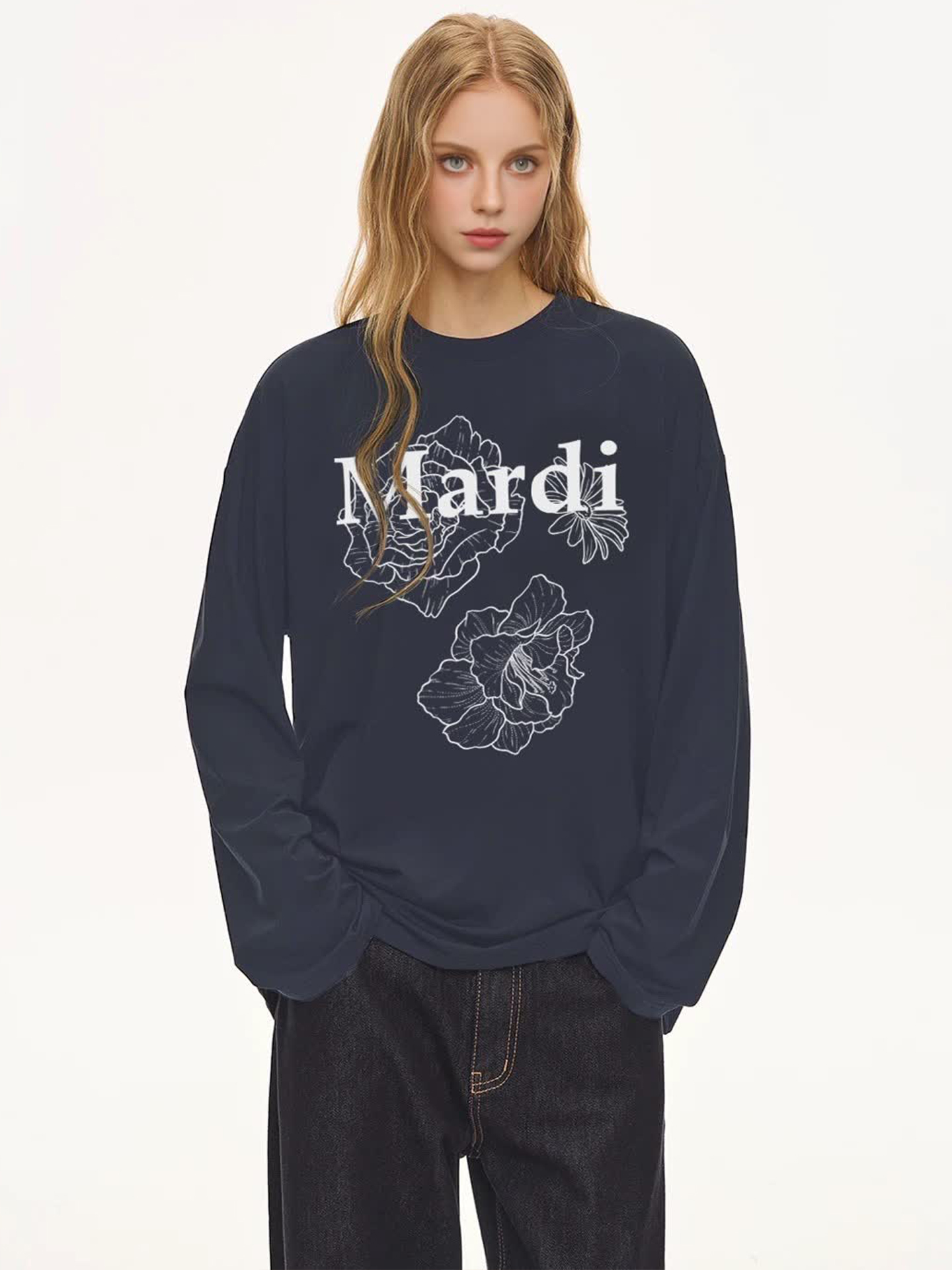 Mardi小众设计感花朵印花天丝休闲T恤25春夏新款轻奢打底长袖上衣