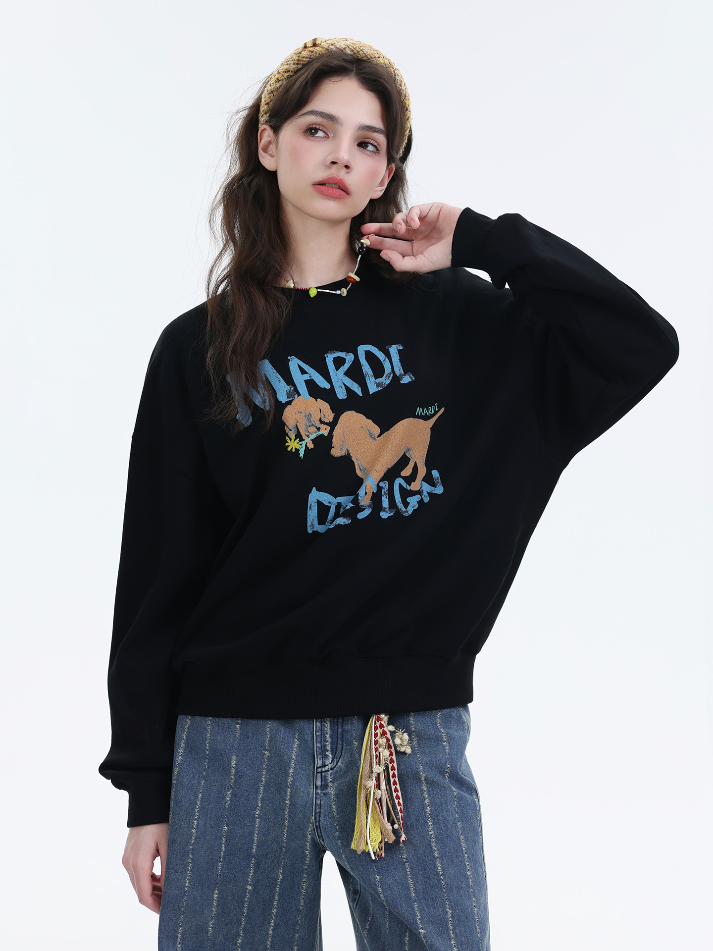 Mardi韩系涂鸦小狗印花覆古圆领卫衣女25春秋新款轻奢设计感上衣