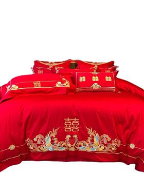 新套式婚庆四件红色1H1202婚00支全棉结婚床上六中件套嫁喜被婚房