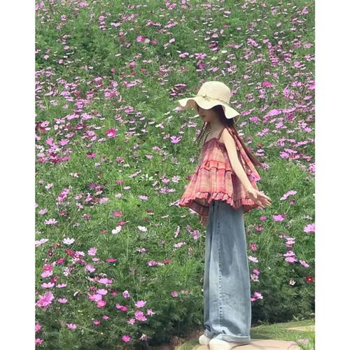 夏季chic宽松法式减龄格子背心女上衣阔腿牛仔裤套装潮