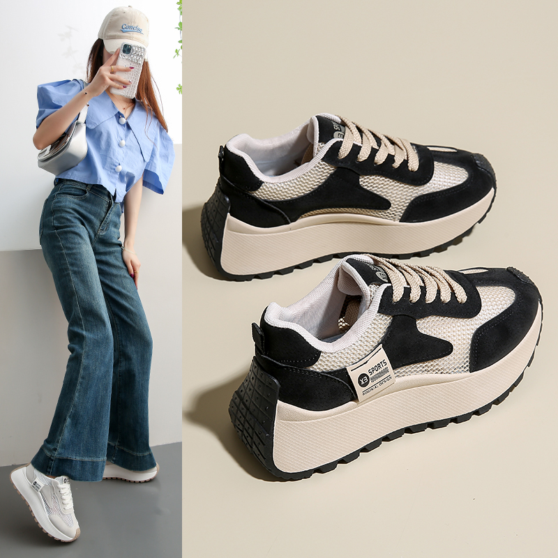 网面老爹鞋女2025年新款夏季透气女鞋百搭超火厚底增高运动休闲鞋