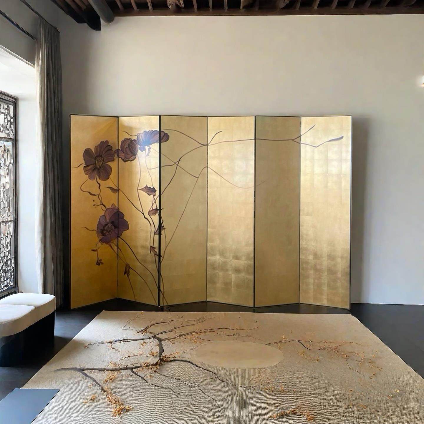 新中式金箔漆画屏风隔断客厅婚礼折叠移动遮挡办公室餐厅茶室折屏