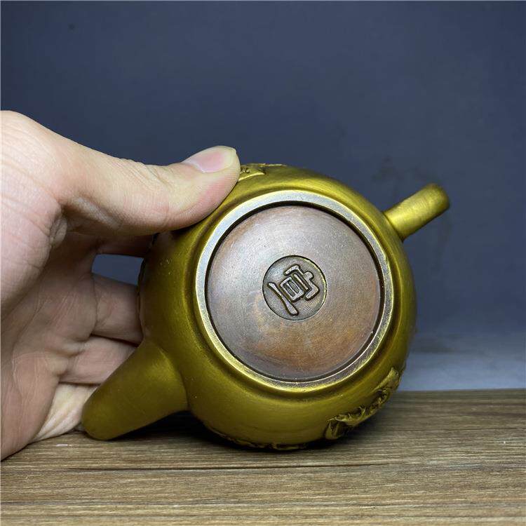 古玩老物件老铜喜上眉梢茶壶精工鎏金铜壶水酒壶古董收藏小摆件