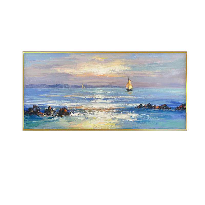 纯手绘蓝色海景油画客厅沙发背景墙壁画日出日落横版北欧成品挂画