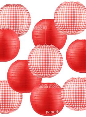 野餐派对装悬红色纸灯笼方格圆TBI形挂灯笼红色和白色饰派装饰对