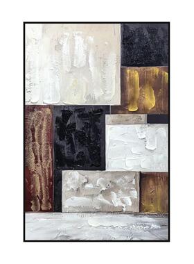 复古棕金方块厚肌理抽象手绘油画挂画入户玄关侘寂风客厅装饰画