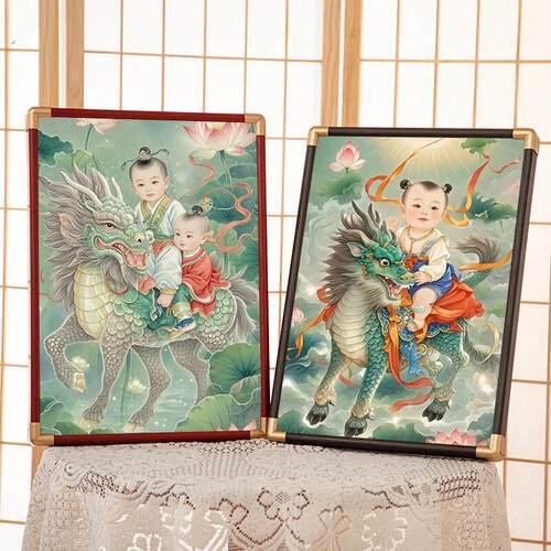 送子娃娃摆件麒麟送子装饰海报挂画富贵吉祥结婚童子画卧室摆台
