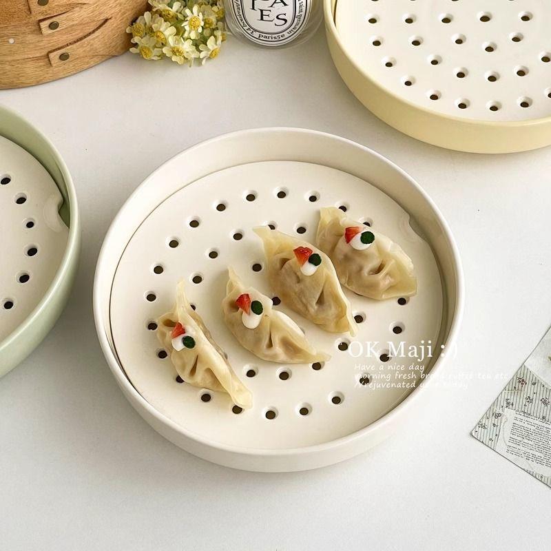 双层沥水盘圆形陶瓷高颜值沥水饺子盘家用隔水蒸盘油炸炸物沥油盘