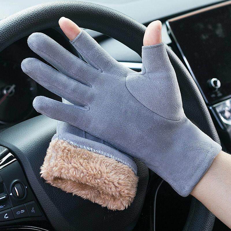 露指摩托车骑行手套男冬季加绒加厚保暖半指送快递外卖防寒漏二指