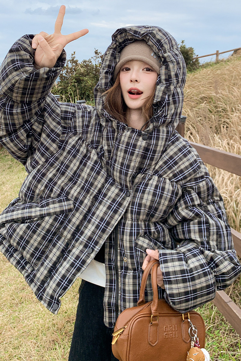 【现货有买家秀】复古文艺范格子羽绒服139-P295-K438,女装羽绒服,2C031