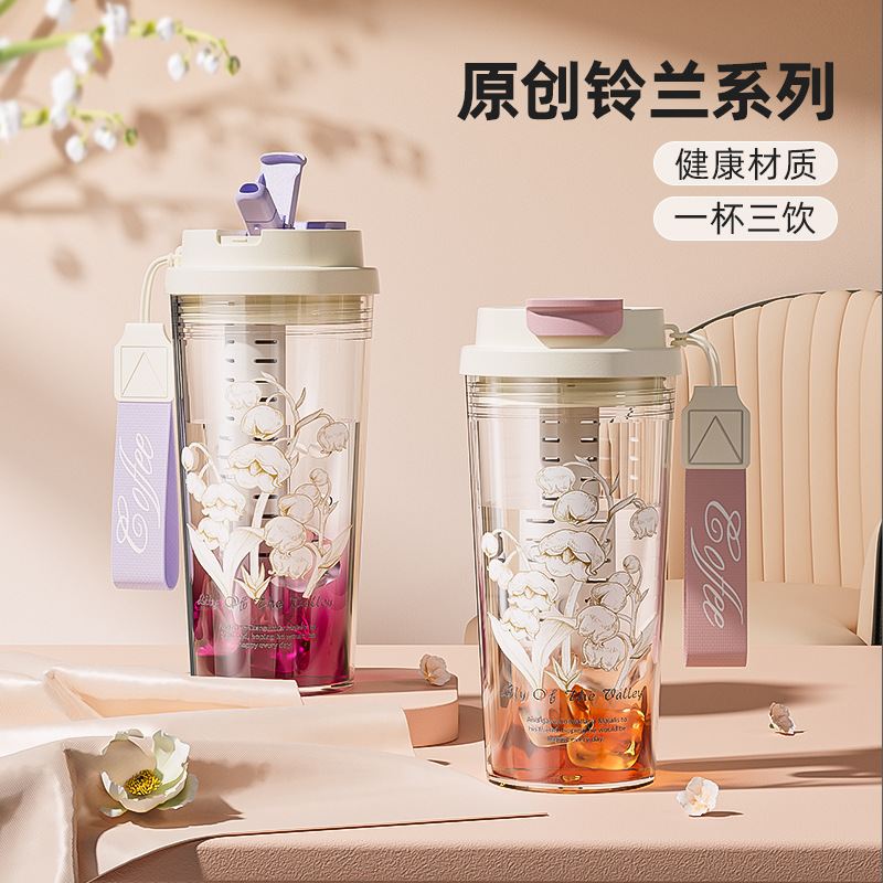 铃兰花吸管杯tritan夏季女士花茶杯高颜值便携茶仓水杯2024咖啡杯