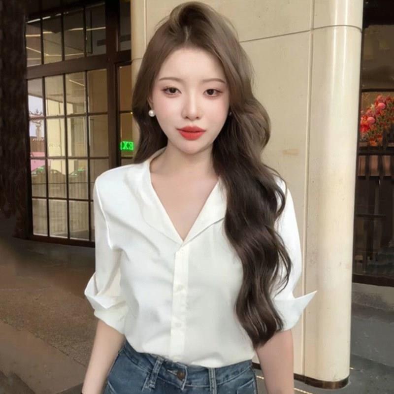 白色大领口防晒长袖衬衫女夏季薄款法式绝美M衬衣修身显瘦外穿上