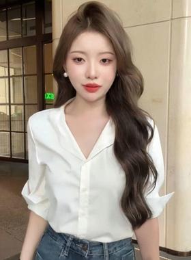 白色大领口防晒长袖衬衫女夏季薄款法式绝美M衬衣修身显瘦外穿上