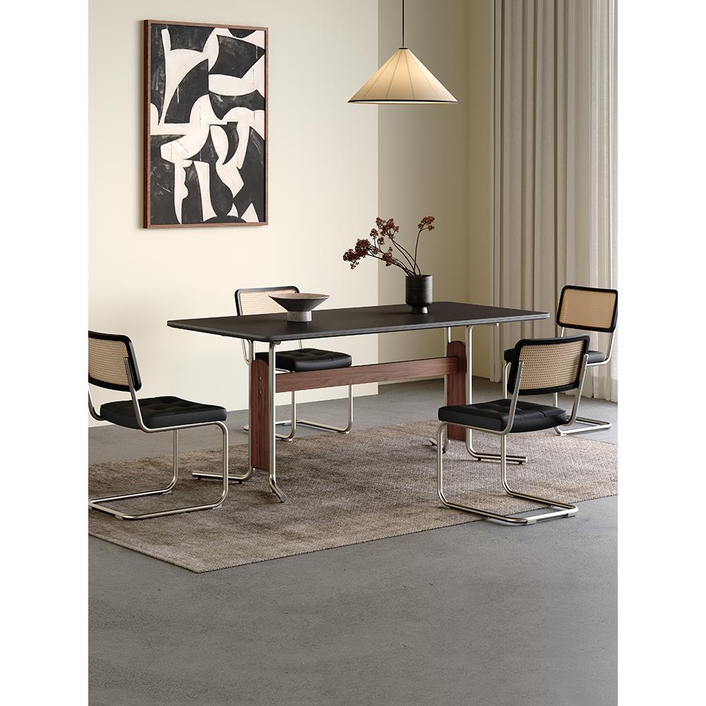 复古岩板餐桌黑色家用小户型现代简约全托中古风实木不锈钢脚餐桌