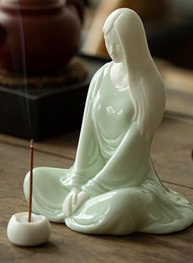 禅意陶瓷人物摆件 中式瑜伽美女点香座插香座沉香檀香电视柜摆设