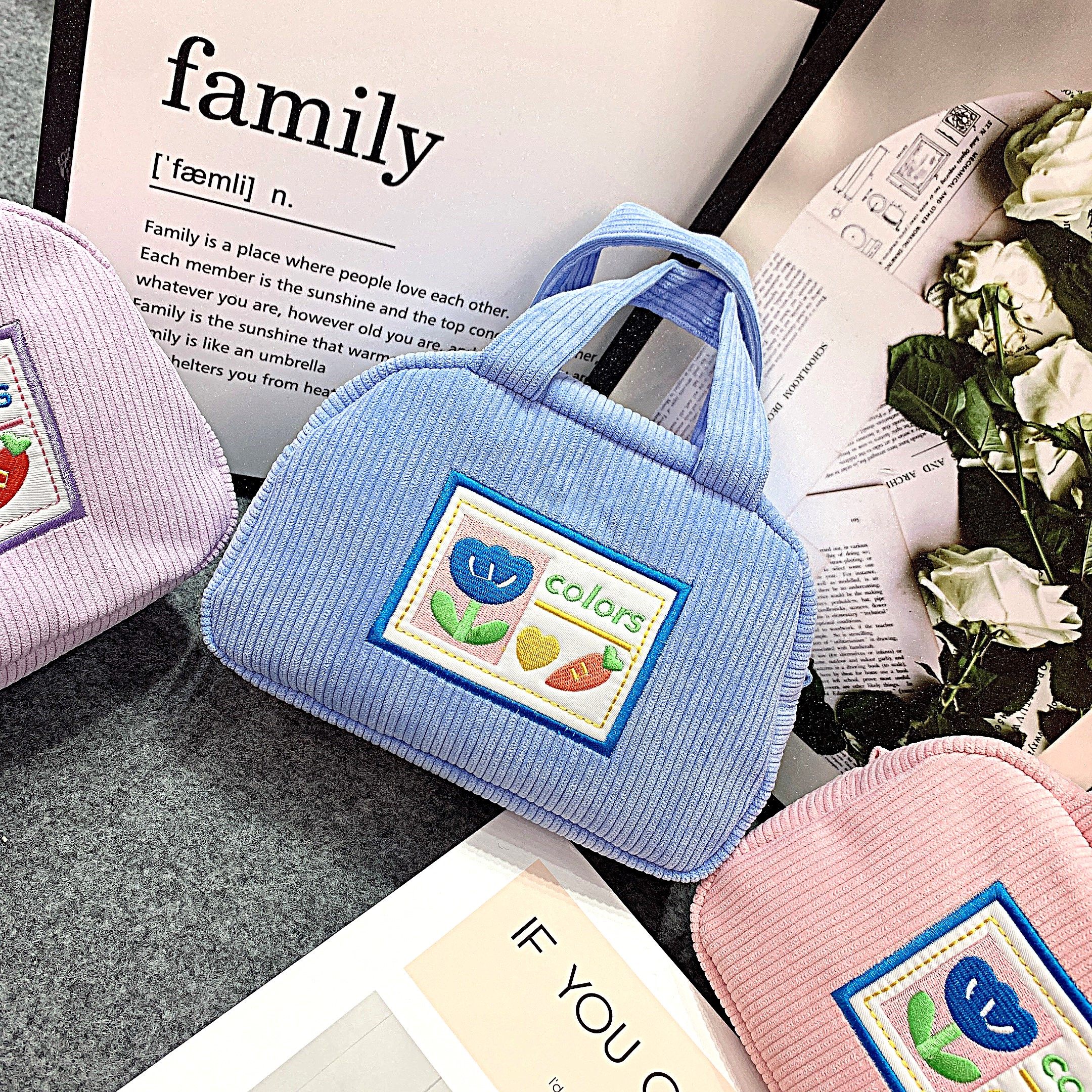 高颜值轻便可爱灯芯绒午餐饭盒包小学生手提袋手拎小号便当包斜挎